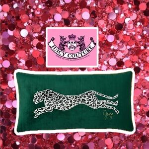 Juicy Couture Emerald Velvet Pillow Snow Leopard Motif & Gold Piping 24”X 14”